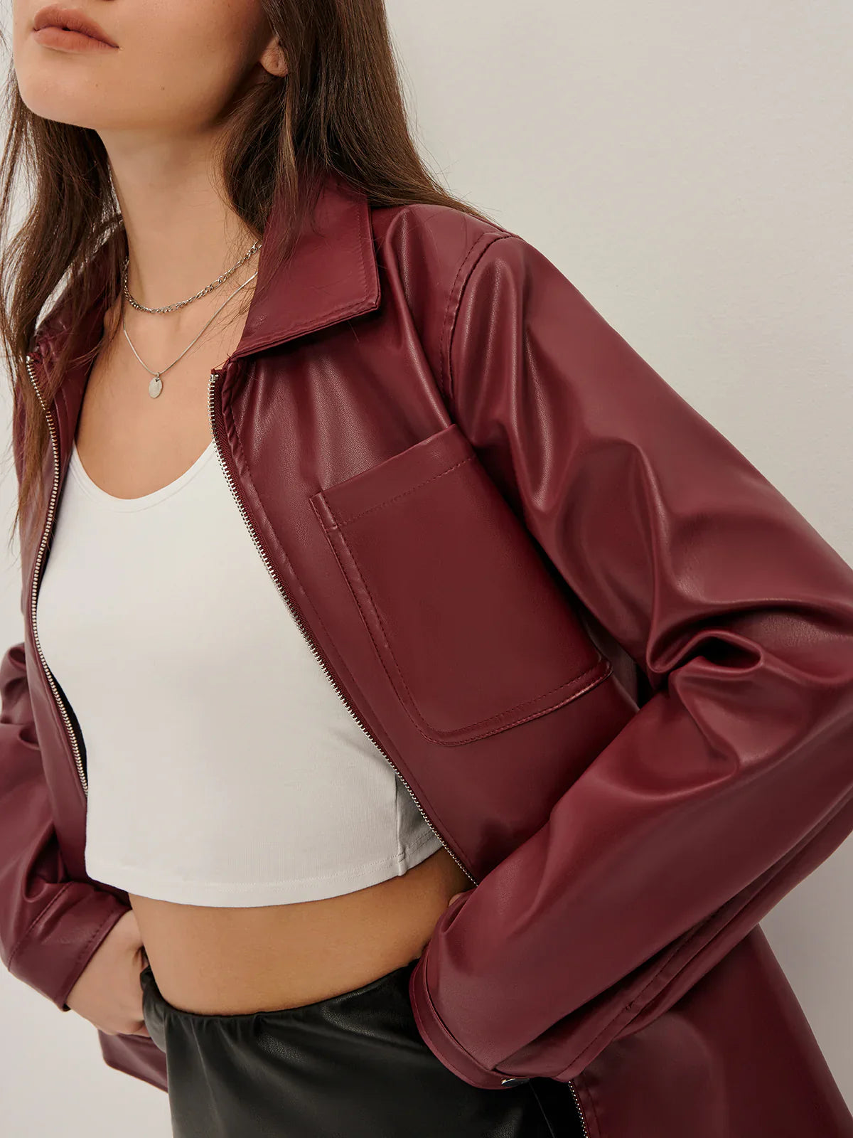 Burgundy Vintage Turn-Down Collar Leather Coat - Coralie Way