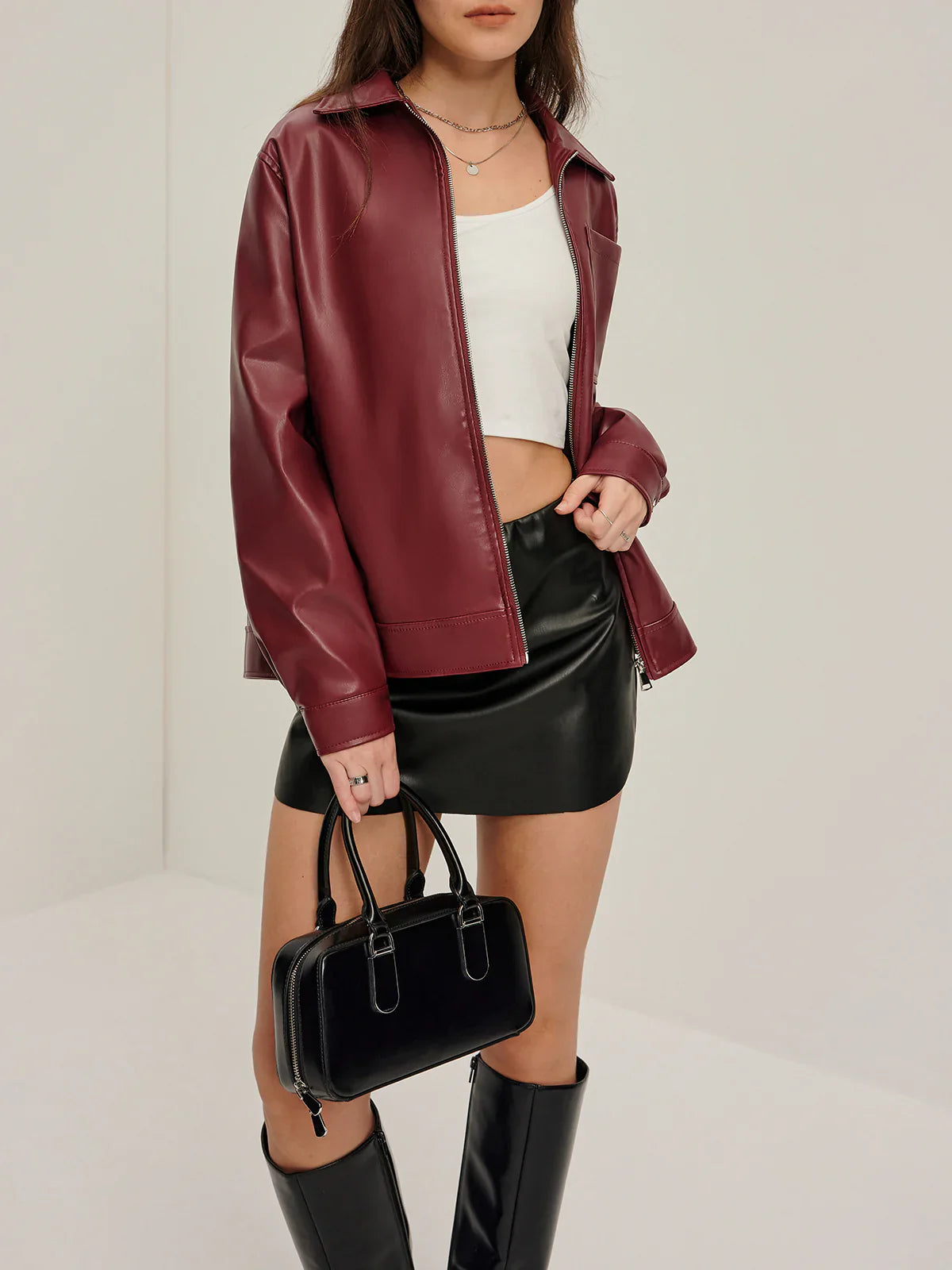 Burgundy Vintage Turn-Down Collar Leather Coat - Coralie Way