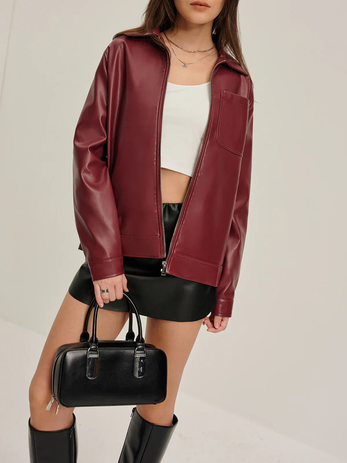 Burgundy Vintage Turn-Down Collar Leather Coat - Coralie Way