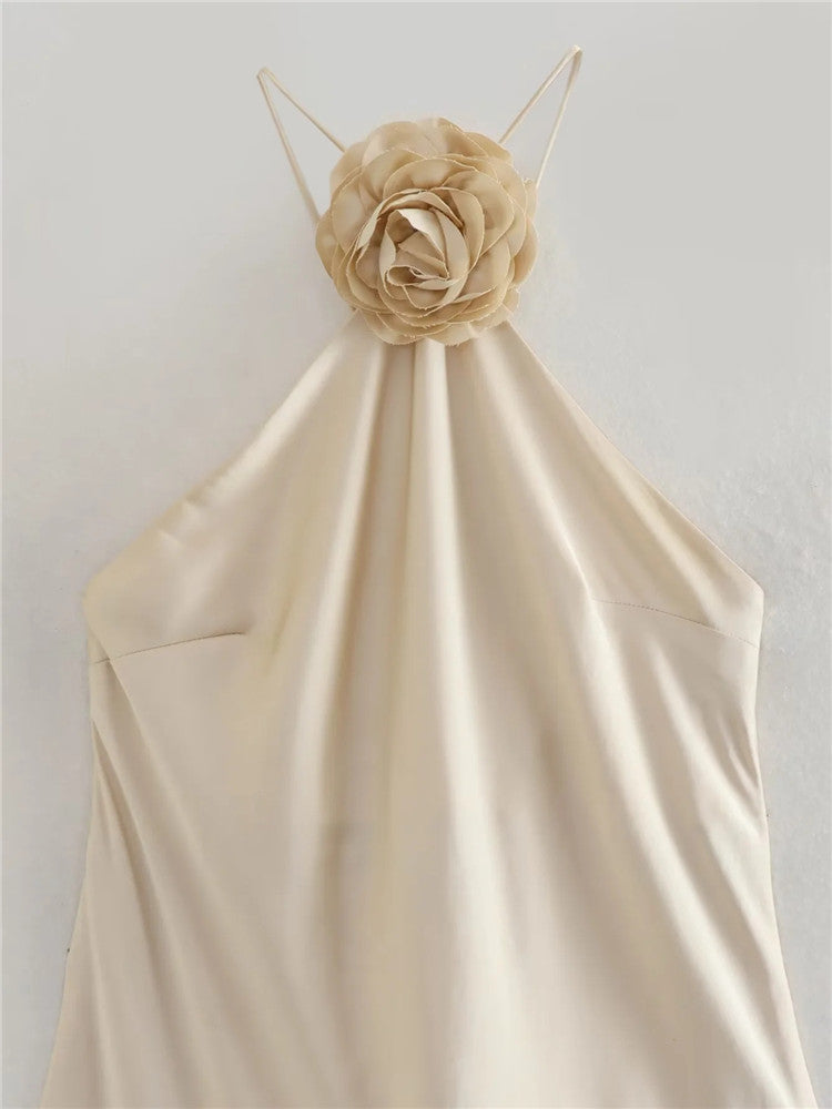 Flower Off-Shoulder Halter Satin Long Dress