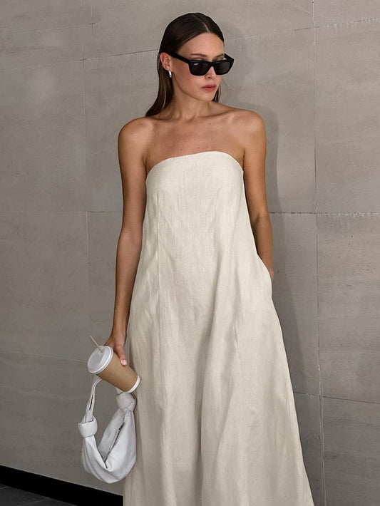 Chic Khaki Strapless Linen A-Line Dress