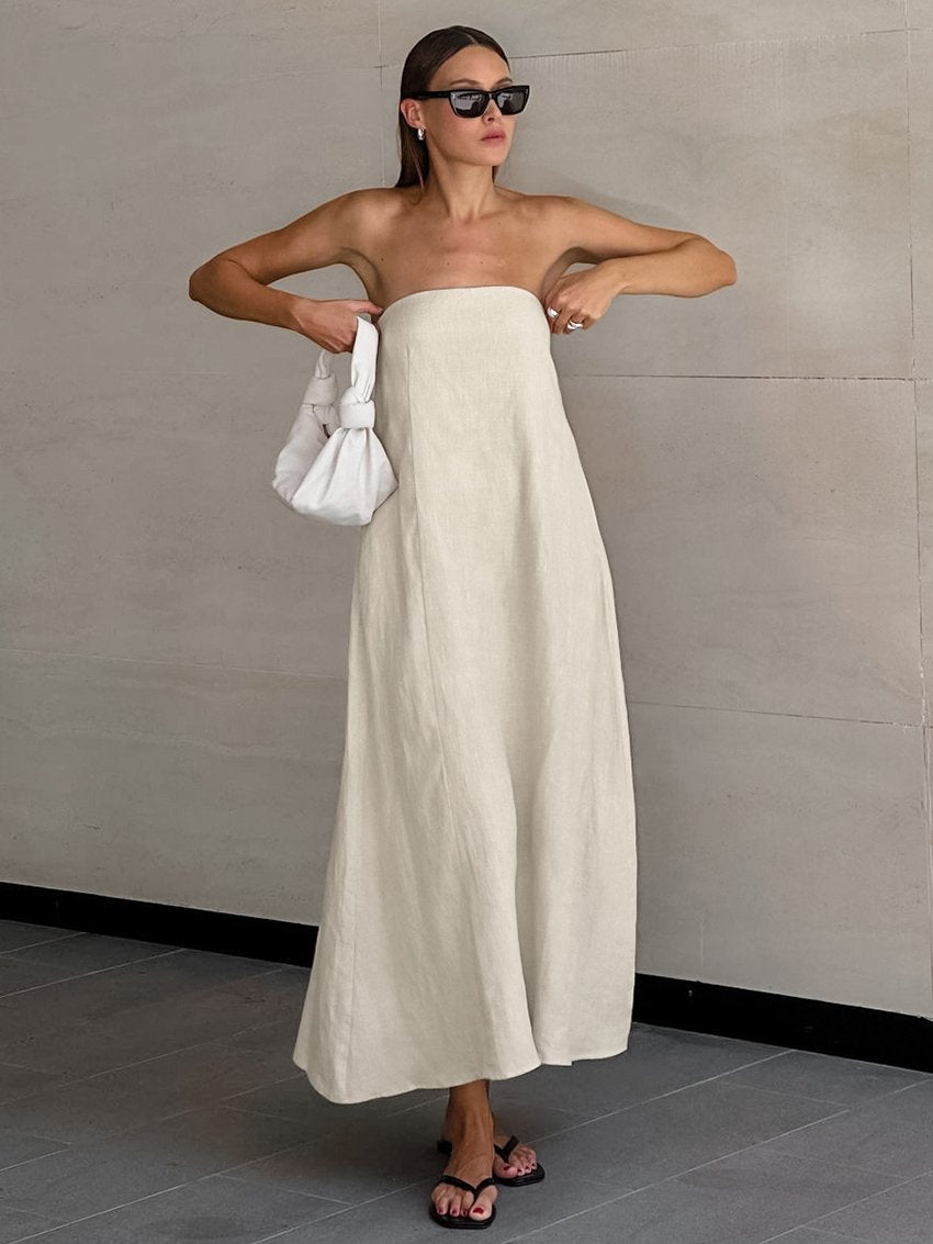 Chic Khaki Strapless Linen A-Line Dress