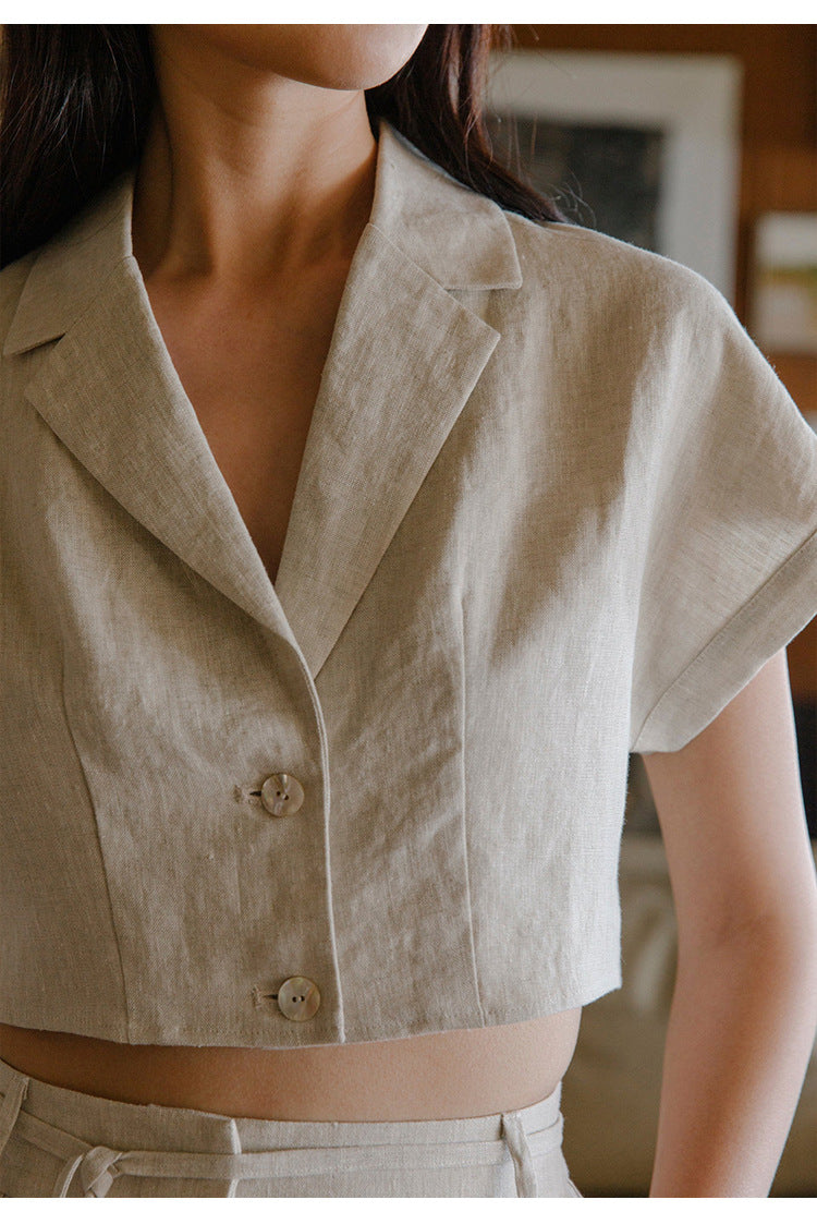 Vintage Linen Notched Collar Short Sleeve Shirt