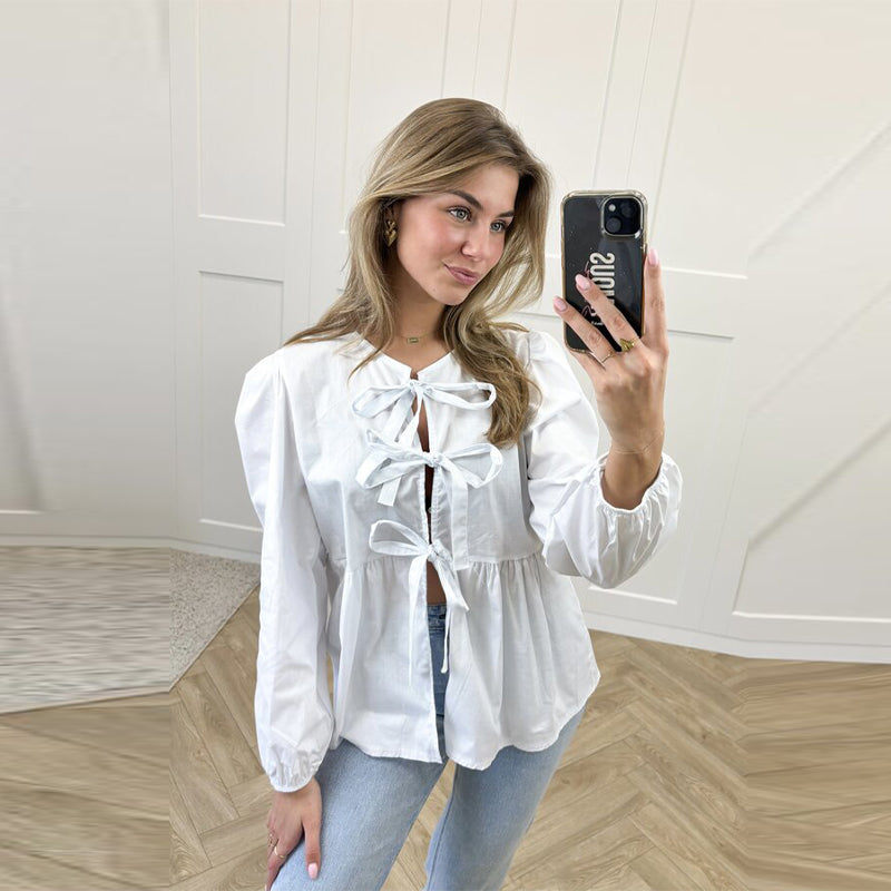 Bow Tied Lace Up Shirt For Women