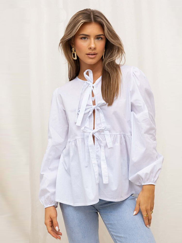 Bow Tied Lace Up Shirt For Women